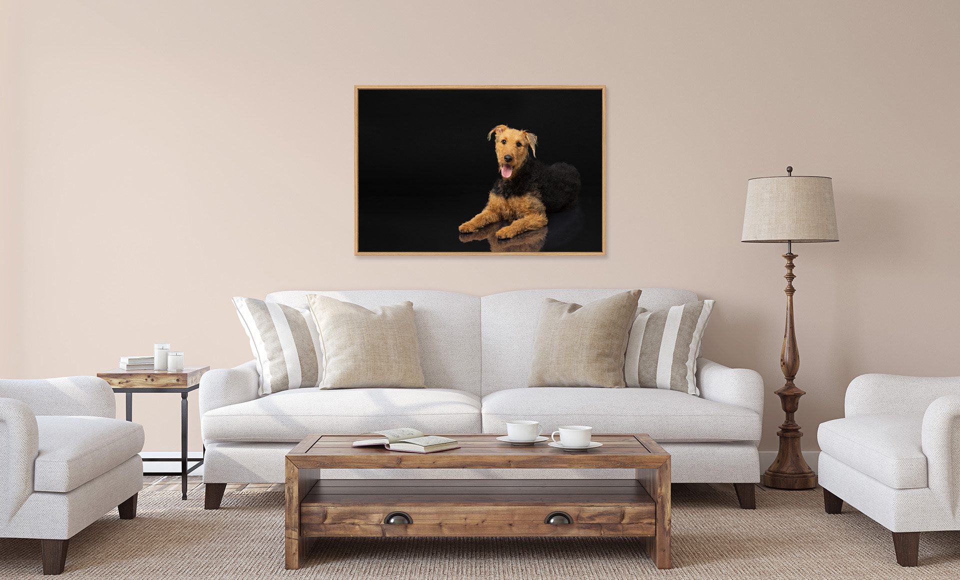 Portrait of Airedale Terrier in a farmhouse living room