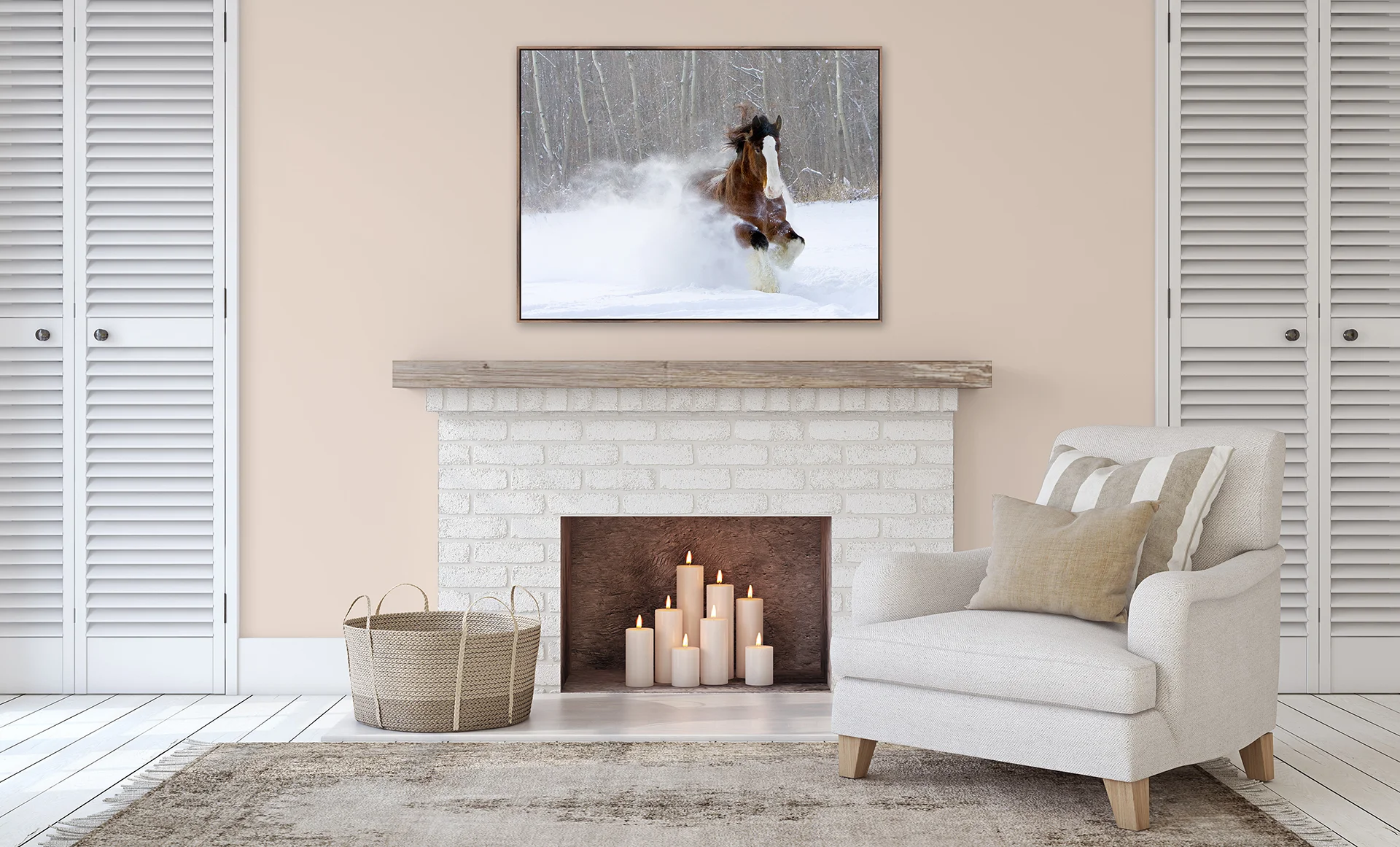 Horse portrait of a Clydesdale horse running through deep snow as a statement piece of wall art over a fireplace.