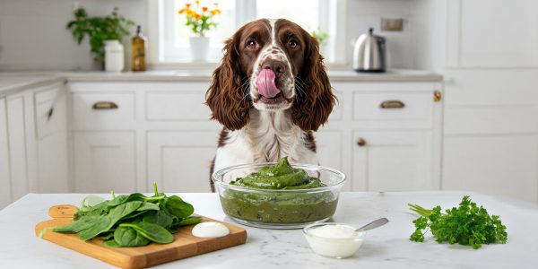 AI generated photograph of a field-bred English Springer Spaniel licking his lips while looking over a dog dish containing a dog-friendly shamrock shake
