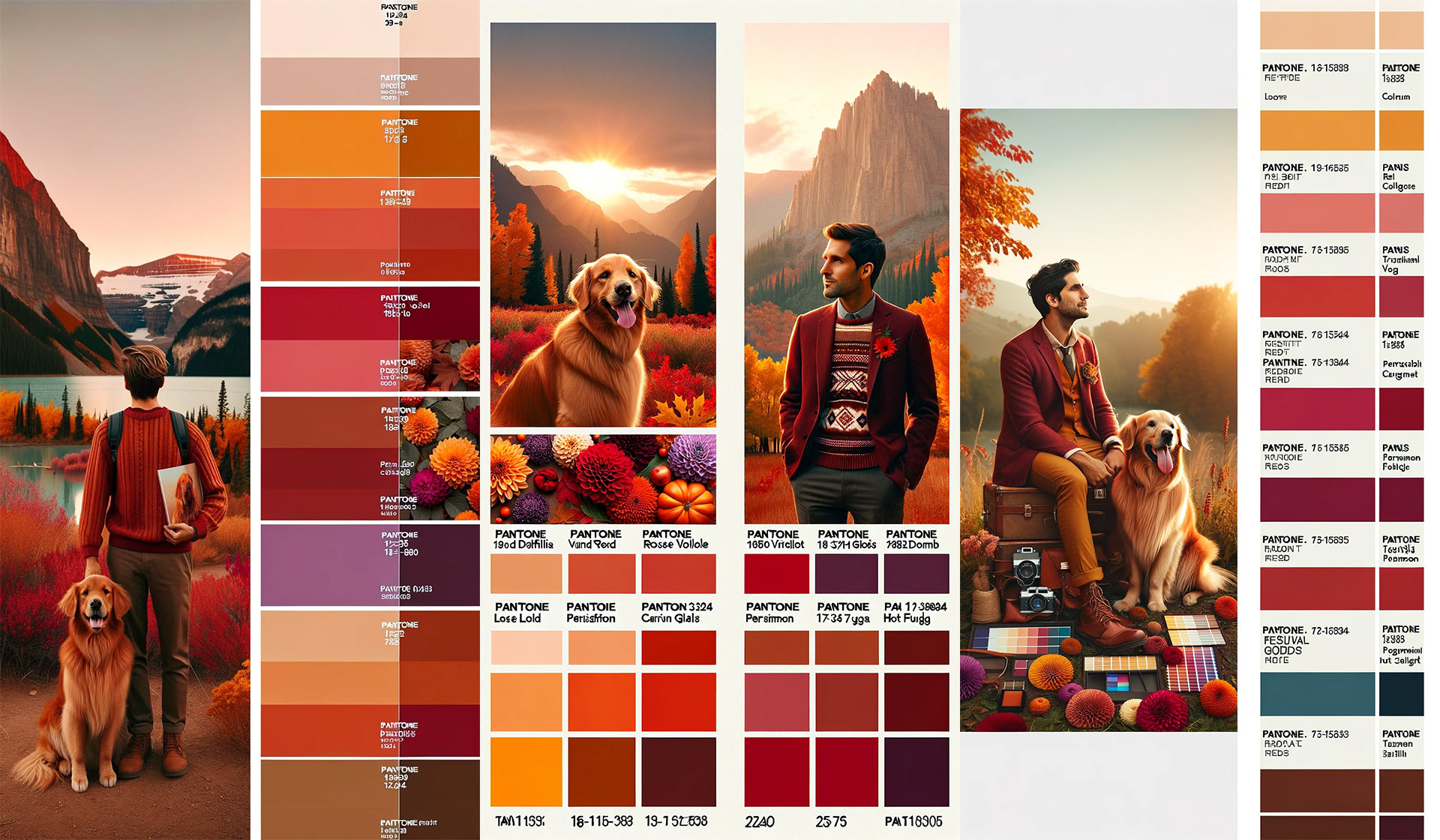 Three AI-generated Autumnal Contrast fall color schemes for a man and his dog.