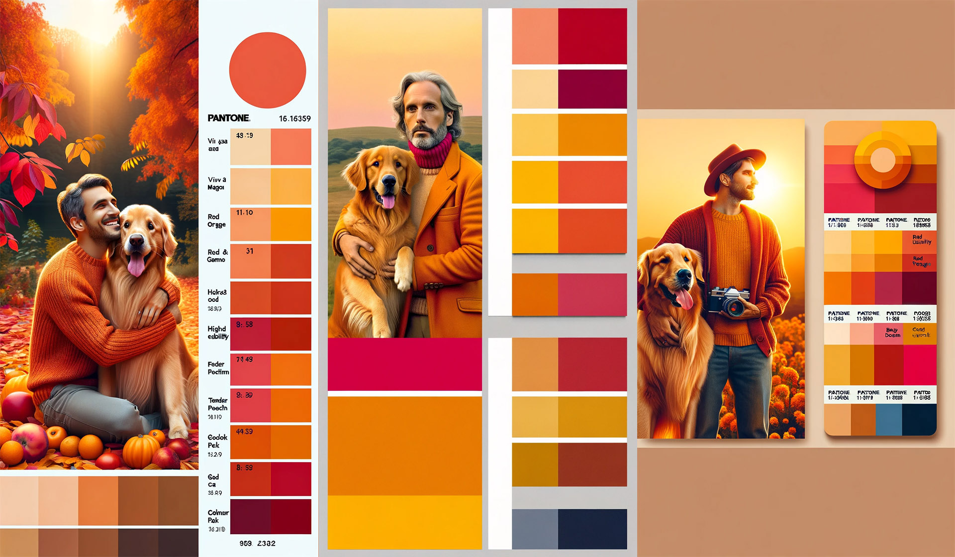 Three warm and vibrant autumn color palettes generated by AI for a photoshoot for a man and Golden Retriever. 