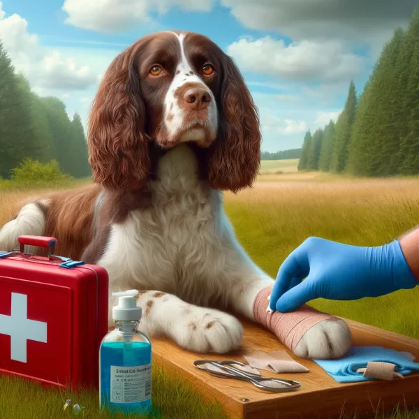 An AI-generated image of a field-bred English Springer Spaniel receiving first aid